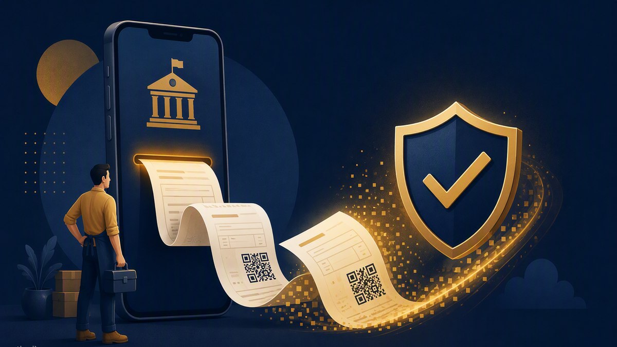 Autónomo junto a un móvil gigante que emite facturas con código QR verificadas hacia un escudo dorado