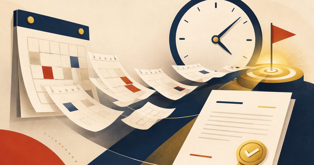 Calendario con páginas volando hacia una fecha límite marcada, un reloj y una factura con sello dorado