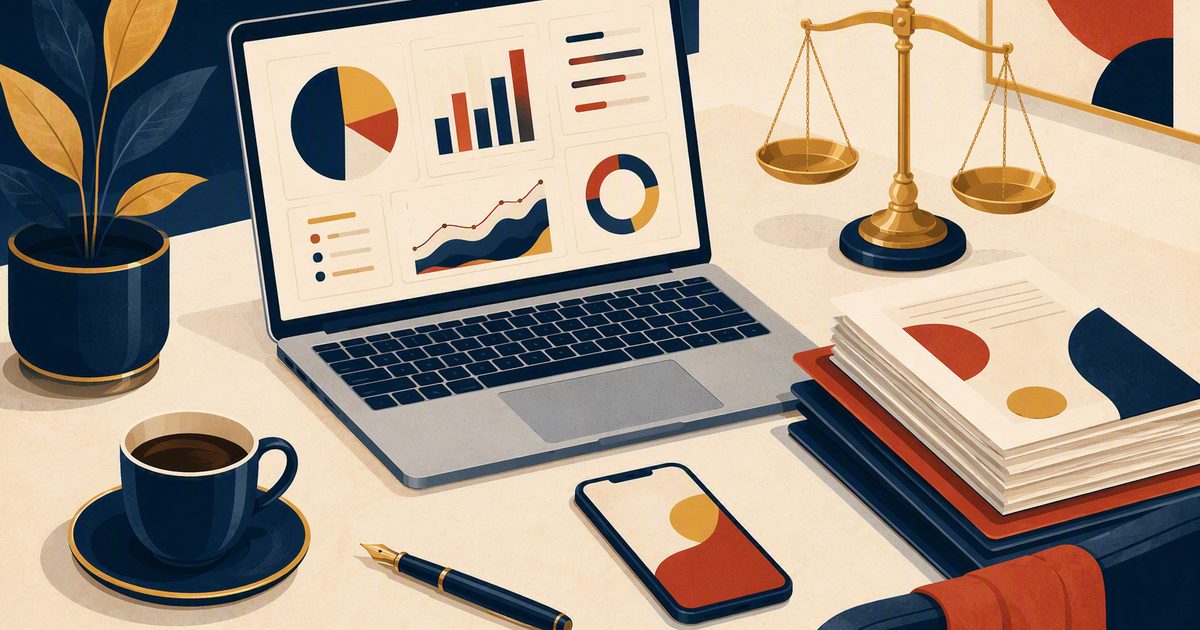 Illustration of a modern freelancer's digital kit: laptop, scales of justice and documents
