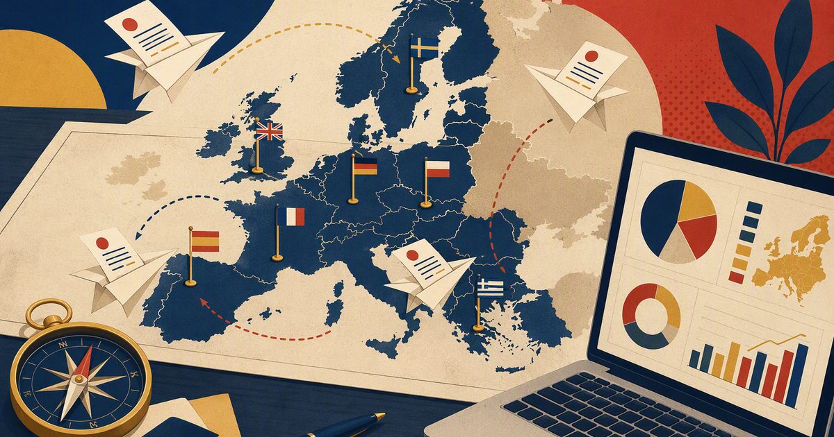 Mapa de Europa con facturas volando entre países y un portátil calculando el IVA