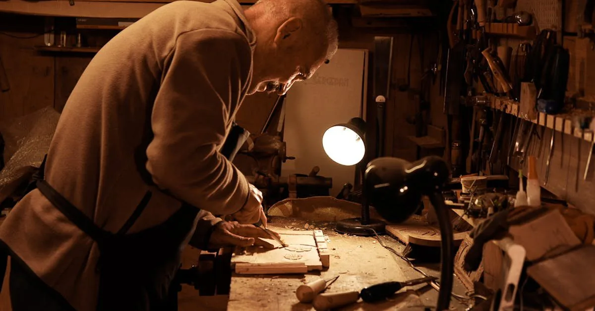 Artesano mayor trabajando la madera en su taller