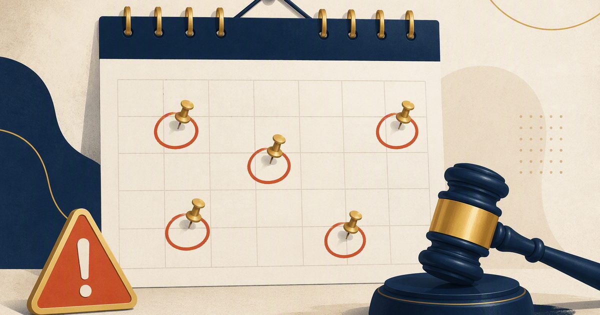 Calendario con fechas marcadas en rojo, señal de aviso y mazo de juez