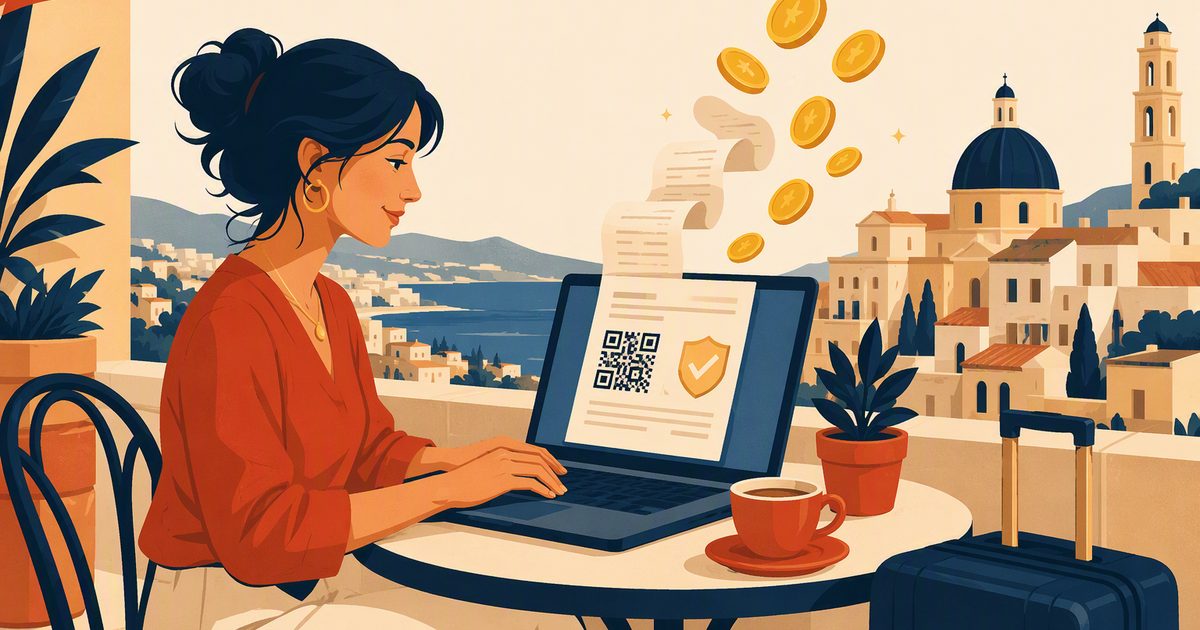 An expat freelancer at a café table with a laptop showing an invoice with a QR code, paperwork turning into gold coins