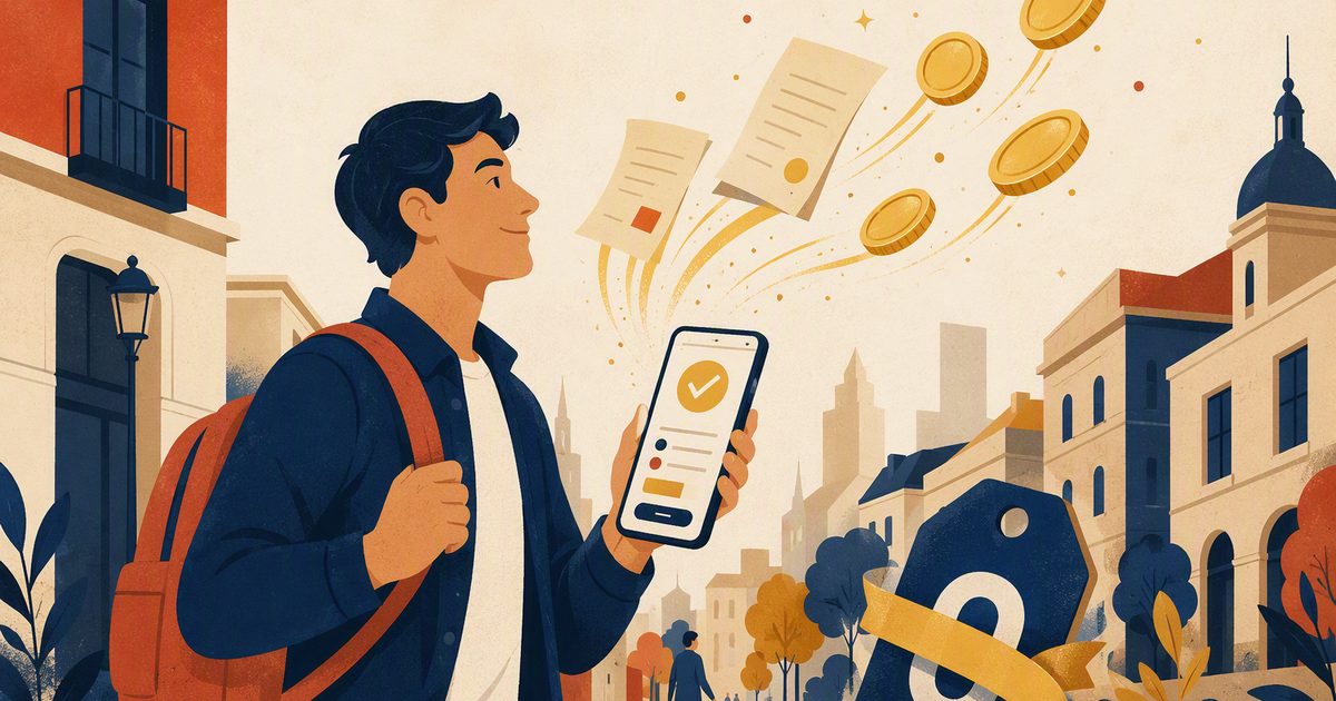 Autónomo caminando por la ciudad con un móvil mostrando una app de facturación, mientras facturas de papel se convierten en monedas doradas